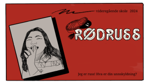 A drawing of a russekort (russ card), with the text "Rødruss", an image of a girl laughing, and the text "Jeg er russ. Hva er din unnskyldning?"