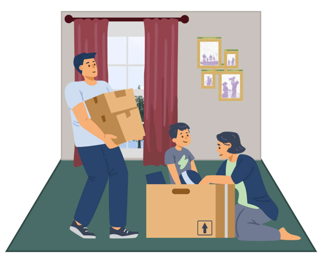 Two parents with the child in a room with boxes, ready to move.