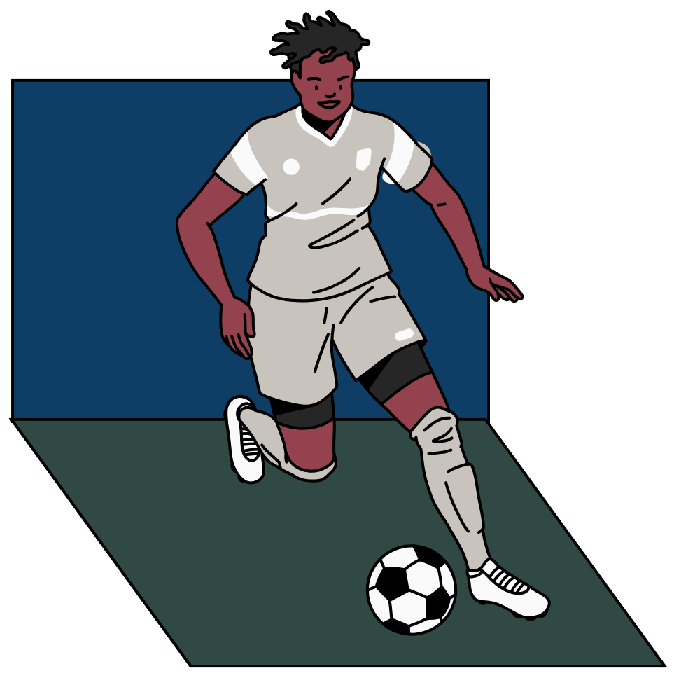 A person is about to kick a soccerball wearing a soccer uniform.